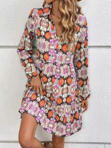 SHEIN Clasi 滿版印花荷葉邊娃娃裙 - 紫色 - 查看 1