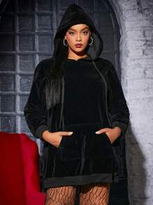 SHEIN SXY 加大码袋鼠口袋抽绳卫衣 - 黑色 - 查看 1