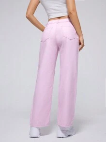 SHEIN EZwear 素色闊腿牛仔褲 - 粉色 - 查看 2