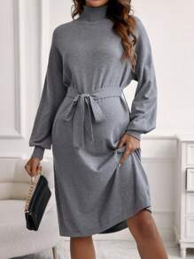 SHEIN Robe pull ceinturée épaules dégagées col roulé de maternité, pour l'hiver - Gris - Voir 4
