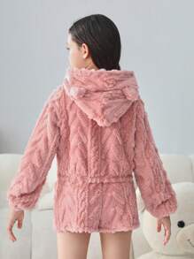 SHEIN Tween Girl Solid Hooded Teddy Pajama Romper - Baby Pink - View 2