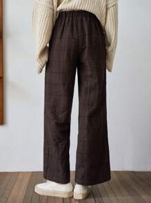 FRIFUL Plaid Print Elastic Waist Pants,Teacher Pants - Brown - View 2