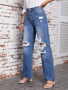 SHEIN LUNE 紐扣門襟破洞直筒牛仔褲 - 藍色 - 查看 3