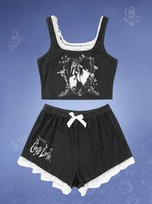Corpse Bride | ROMWE Letter Figure Graphic Contrast Lace Bow Decor Pajama Set - Black - View 1