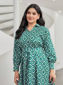 Mulvari 大碼滿版印花腰帶襯衫洋裝