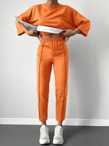 Cottnline Drop Shoulder 2 In 1 Tee & Seam Detail Sweatpants - Orange - View 4