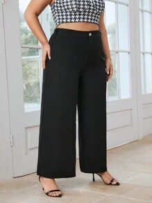 SHEIN Privé Plus Solid Wide Leg Pants - Black - View 1