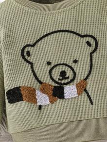 Baby Boy Cartoon Graphic Waffle Knit Sweatshirt - Green - View 3