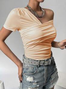 SHEIN Privé Camiseta unicolor fruncido de cuello asimétrico - Albaricoque - Ver 5