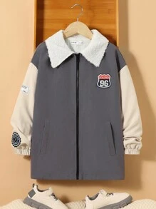 SHEIN Tween Boy Letter Patched Detail Thermal Lined Coat - Black - View 7