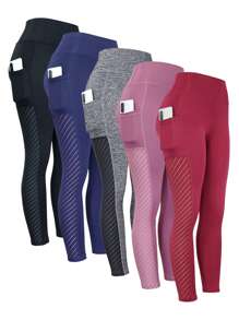 SHEIN Running 5入組條紋印花手機口袋運動打底褲 - 彩色 - 查看 1