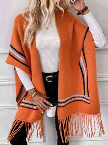 SHEIN LUNE 條紋圖案流蘇下擺蝙蝠翼袖流蘇裝飾防塵開衫 - 亮橙色 - 查看 5