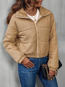 SHEIN LUNE 拉链落肩加垫棉服外套冬季 - 卡其色 - 查看 4