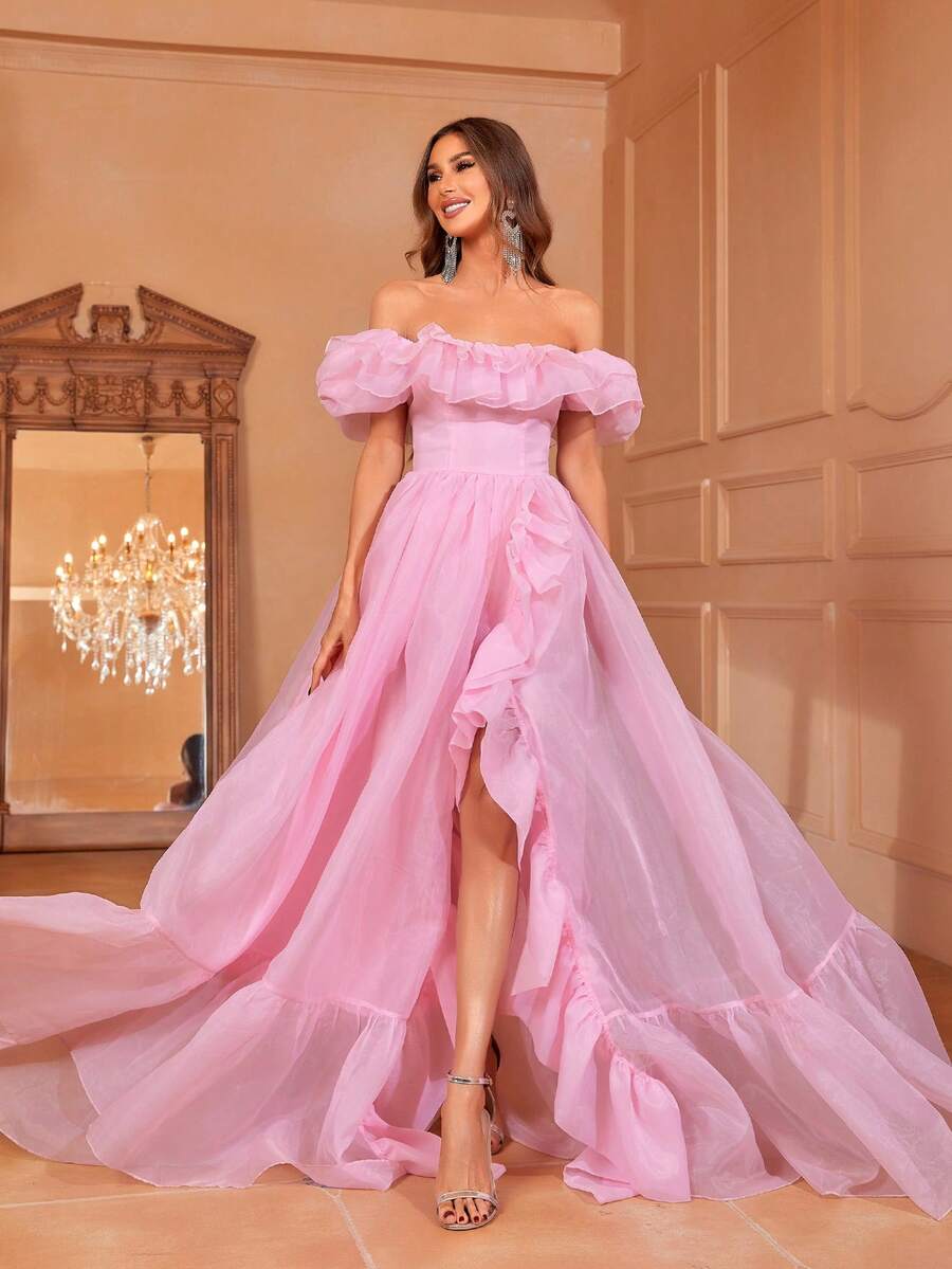 Faeriesty 女士优雅华丽方领露肩荷叶边欧根纱正式派对礼服晚礼服长裙婚礼宾客礼服、长裙、夏季度假装 - 粉色 - 查看 1