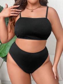 SHEIN Swim Curve Plus Solid Bandeau Bikini Set - Black - View 4