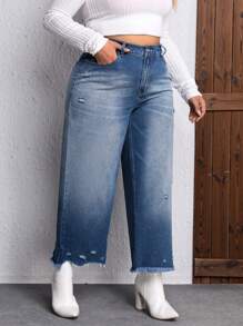 SHEIN LUNE Plus High Waist Ripped Raw Cut Wide Leg Jeans - Light Wash - View 5