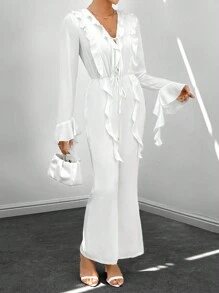SHEIN Privé Flare Sleeve Ruffle Trim Tie Front Flare Leg Jumpsuit