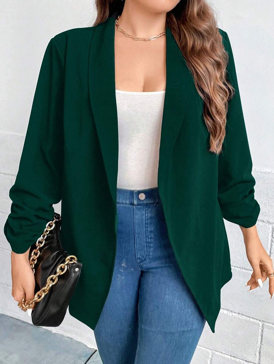 SHEIN Clasi Plus Shawl Collar Ruched Sleeve Open Front Blazer - Dark Green - View 1