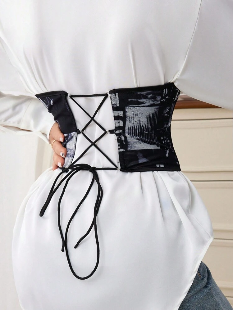Multicolor Mesh Fabric Graphic Lace Up Corset Waist Trainer For Women