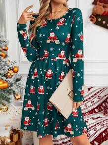SHEIN LUNE Christmas Print A-line Dress - Dark Green - View 4