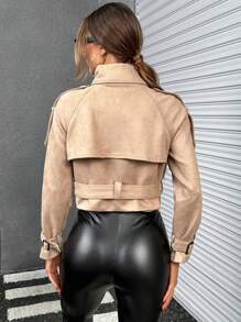 SHEIN Essnce Double Breasted Belted Crop Suedette Jacket - Khaki - View 2