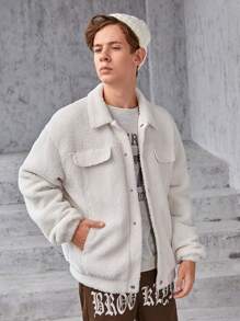 SHEIN Teen Boy Drop Shoulder Flap Detail Teddy Jacket - White - View 1