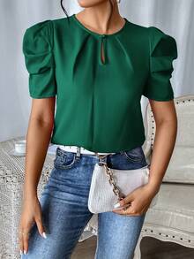 SHEIN Privé Blusa de cuello con abertura de ojo de manga farol - Verde Oscuro - Ver 5