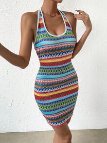 SHEIN Essnce Geo Print Contrast Binding Halter Neck Backless Bodycon Dress - Multicolor - View 5