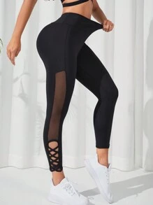 Easithlete Quần Leggings Thể thao Nữ Tương phản Mesh màu trơn - màu đen - Xem 2