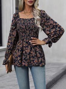 SHEIN Clasi Floral Print Flounce Sleeve Peplum Blouse Peplum Top - Navy Blue - View 6