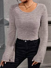 SHEIN Privé 雜色針織荷葉袖T恤 - 杏色 - 查看 5