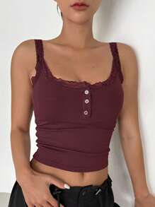 DAZY Lace Trim Button Front Crop Cami Top - Burgundy - View 5