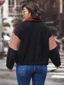 SHEIN LUNE Plus Color Block Drop Shoulder Teddy Jacket - Multicolor - View 2