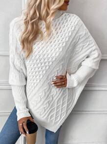 Ellegaria. Áo choàng cổ lọ tay cánh dơi vạt không đối xứng dệt kim kiểu cáp, Áo len nữ mùa đông kiểu dáng thường ngày không đối xứng, Áo choàng tay dài dệt kim dáng suông màu trắng tay cánh dơi, Áo len nữ tay dài kiểu chui đầu mùa thu - trắng - Xem 6