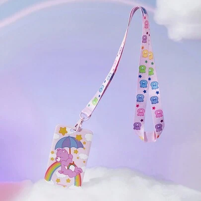 SHEIN X Care Bears 1pc Pink Star & Bear Print Card Holder With Lanyard, Gifts
