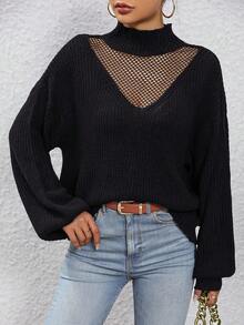 SHEIN Essnce Contrast Fishnet Mock Neck Drop Shoulder Sweater - Black - View 4