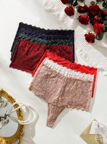 SHEIN 7 Paquetes De Ropa Interior De Tanga Con Encaje Floral Y Borde Festoneado - Multicolor - Ver 1