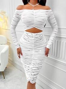 AIJ Amarilo Off Shoulder Hollow Waist Gathered Fitted Dress - White - View 4