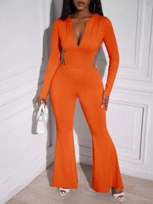 Slaydiva Plunging Neck Cut Out Waist Flare Leg Jumpsuit - Orange - View 1