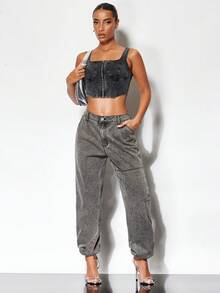 SHEIN BAE Túi vá Bên Quần jean - Xám - Xem 3
