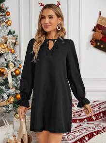 SHEIN LUNE Tie Neck Flare Sleeve Tunic Dress - Black - View 3