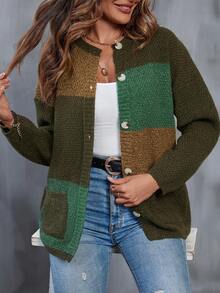 SHEIN LUNE Color Block Dual Pocket Drop Shoulder Cardigan - Multicolor - View 6