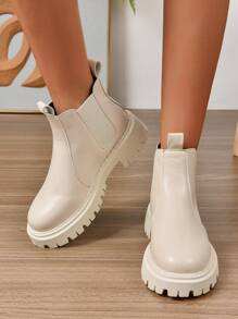 女士时尚舒适休闲西式切尔西大码厚底踝靴 - 米色 - 查看 3