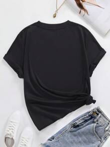 SHEIN LUNE Plus Leopard & Letter Graphic Tee - Black - View 2