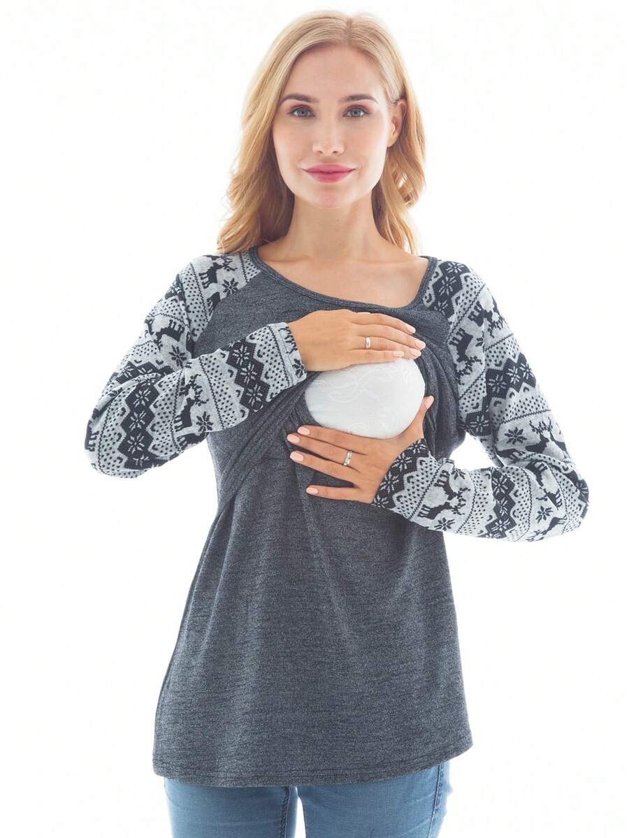 孕婦圖案印花插肩袖哺乳T恤 - 淺灰紫 - 查看 1