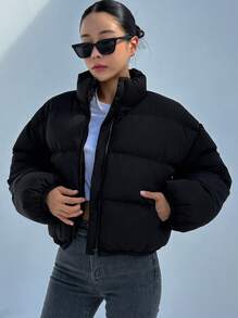 DAZY 拉链落肩棉服大衣，女士冬季休闲口袋，拉链落肩立领常规版型黑色纯色女士棉服大衣，冬季保暖/冬季时尚，冬季女装，女士棉服大衣夹克 - 黑色 - 查看 5