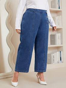 SHEIN Clasi 加鈕扣細節直筒牛仔褲 - 中等水洗藍 - 查看 5