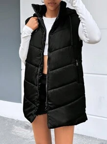 EURMUSE Zip Up Drawstring Hooded Puffer Vest Coat - Black - View 5