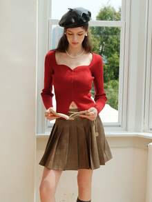 Solid Button Front Crop Cardigan - Red - View 3