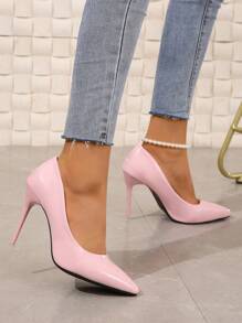 Women's 10cm Point Toe Thin Heels Wedding Party Nightclub Pumps, Elegant Mirror Shallow Pink High Heels For Banquet & Work - Baby Pink - View 4